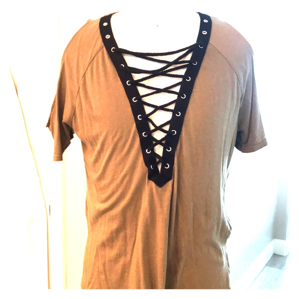 Tan olive cold shoulder deep v neck top